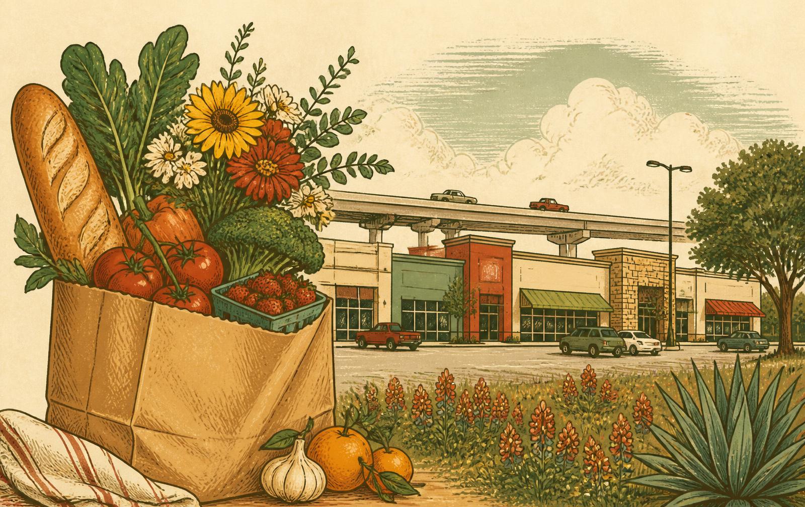 Illustration of a grocery bag full of fresh produce in front of a new Texas shopping center near the highway
